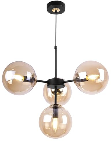 Light-Home Imperia Hängelampe - Deckenlampe für Wohnzimmer Schlafzimmer und Esszimmer- Pendelleuchte aus Metall und Glas - E14-4-Flammig - Schwarz Gold Basis und Gold