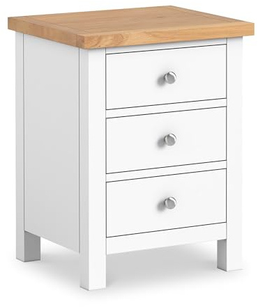 RoselandFurniture Farro XL White 3 Drawer Bedside Table | Fully Assmebled | Large Night Stand Cabinet with Oak Top, Painted Solid Wood Finish, Contemporary Style, H60cm W46cm D40cm