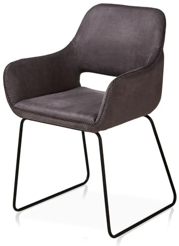 KHG Esszimmerstuhl Polsterstuhl mit Armlehnen Grau Industrial Look - Kufenstuhl Armlehnstuhl (BHT) 56x82x59 cm - Mikrofaser in Lederoptik perfekt für Esszimmer Küche Büro