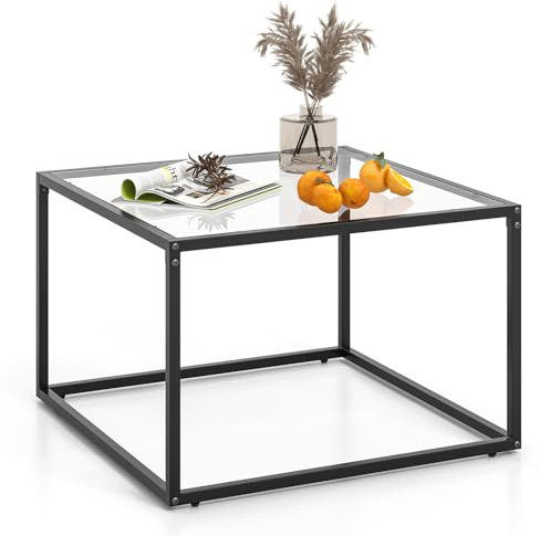 COSTWAY Square Coffee Table, Tempered Glass Sofa Side Table with Adjustable Foot Pads, Metal Frame Accent Center Table for Living Room Bedroom Office (without Mesh Shelf, Transparent+Black)