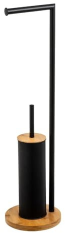 Relax World Piantana Portarotolo e Scopino Acciaio Inox e Legno di Bambu,Porta Rotoli Cartaigienica Bagno Nero,Dimensioni P19xL19xH73 cm