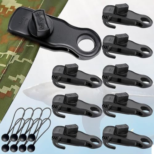 Tarp Tarpaulin Clips Clamps Heavy Duty Lock Grip and Bungee Cords with Ball, Shark Shape Pool Cover Clip Backdrop Cloth Tent Large Hook Accessory for Garden Outdoor Tie Downs Canvas Solar RV Awning