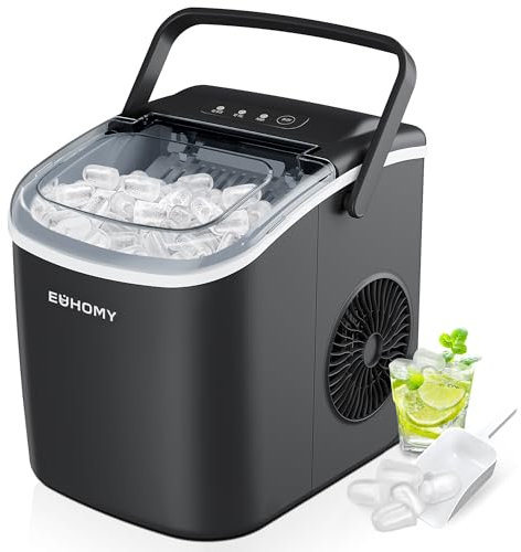 Macchina Ghiaccio 12kg/24h, EUHOMY Macchina del Ghiaccio Casa, 9 Cubetti in 6 Minuti, Autopulente, con Maniglia, Paletta, Cestello, Nero, 45dB