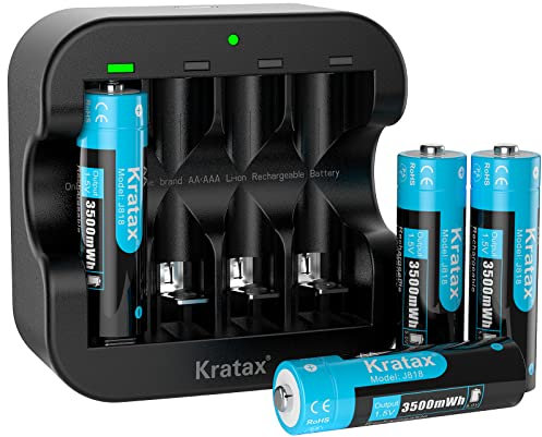 Kratax Rechargeable AA Lithium 1.5V Batteries - High-Capacity 3500mWh - 1600 Cycles - Full-Recharged 4 Pack with Ultra Fast Charger, Long-Lasting, Constant Output for Household Office Device