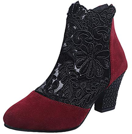 AMDOLE Cushion Walk Sandalen aus atmungsaktivem Garn, ethnische Netz-Sandalen, hoher Reißverschluss, Damen-Sandalen, Leder, geschlossene Zehensandalen für Damen, rot, 40 EU