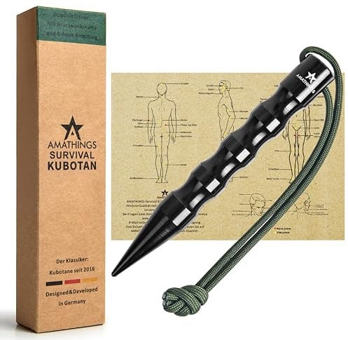 AMATHINGS Survival Kubotan in SCHWARZ Hochglanz - poliert zur Selbstverteidigung - Druckverstärker mit Handschlaufe EXTRA STARK für Notsituationen als Notfallhammer, Glasbrecher & Schlüsselanhänger