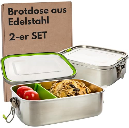 SUSTANIA Brotdose Edelstahl, 2 Stück Brotdosen, Brotdose für Erwachsene und Kinder, Brotdose mit Fächern und Verschluss, Bento Box, Brotzeitbox, Brotbüchse, Frühstücksbox, Lunchbox