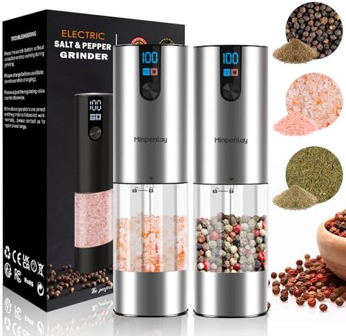 Minpenlay Electric Salt and Pepper Grinder Set Rechargeable with LED Display, Adjustable Coarseness, 120ml Container Automatic Pepper and Salt Grinder for Kitchen, Restaurant (Silvery)