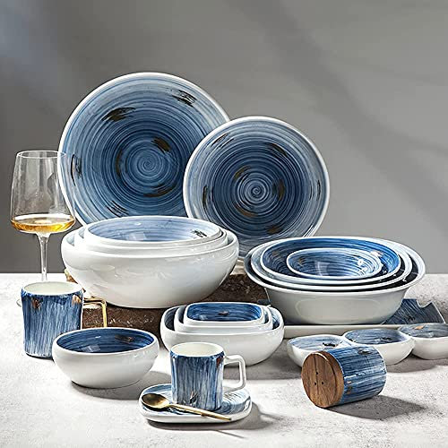 DDNGEJ Ensemble de Vaisselle en céramique 43 pièces Série créative Ciel étoilé Bleu Assiettes à dîner Service Complet en Porcelaine Combinaison allant au Micro-Ondes e