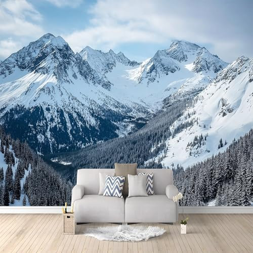 Papier Peint Panoramique 400 x 280 cm moderne Décoration Murale Nature Montagnes Et Forêts Enneigées Papier peint imprimé Pour Salon Chambre Chambre D'Enfant mur Blanc Papier Peint Panoramique