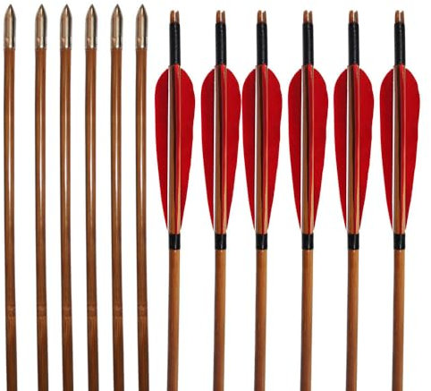 biubiusot Holzpfeile für Bogenschießen 32 Zoll Jagdpfeile 12er Naturfedern Pfeile Bogenpfeile mit Abschraub Spitze Langbogen und Traditionellen Pfeile Bogen Handarbeit (Rot-Bambuspfeil)