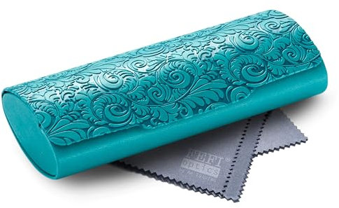 FEFI Brillenetui Hardcase – Premium Kunstleder & Softtouch – Florale Prägung in Relief-Optik – Magnetverschluss – Perfekter Schutz – inkl. Mikrofasertuch – Damen & Herren (Türkis)