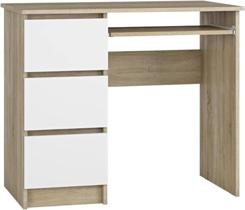 Shefa Line Cina Desk with Drawers - 3 Practical Drawers for Optimal Organisation, Office Table, Computer Desk, 90 x 50 cm Small Work Table, Desk with Storage Space, Modern Sonoma oak-white