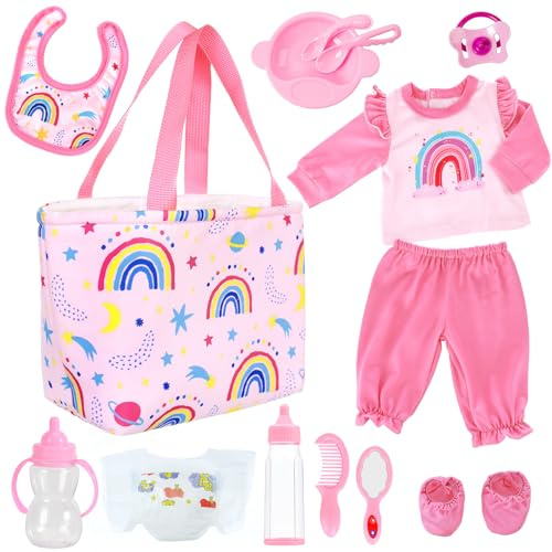 ZITA ELEMENT 13 Pcs 14-18 Inch Baby Doll Clothes Outfit & Accessories | Full Pretend Care Kit; Diaper Bag, Diapers, Bottle & Pacifier; Fits 14-18 Inch Dolls; Age 3+, Doll Not Included