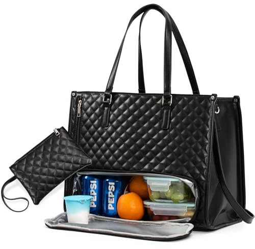 Sac Isotherme Femme, Sacoche Ordinateur 15.6 Pouces Cuir PU, Sac Cabas Femme pour Universités, Voyage, Cours Lycee, Cadeau, Noir