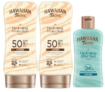 Hawaiian Tropic Hydrating Protection LSF 50 - schützende Sonnenlotion mit feuchtigkeitsspendenden Seidenbändern, Creme, 180 ml (2 Stück) + After Sun Hydrating Protection Reiseformat, 60 ml