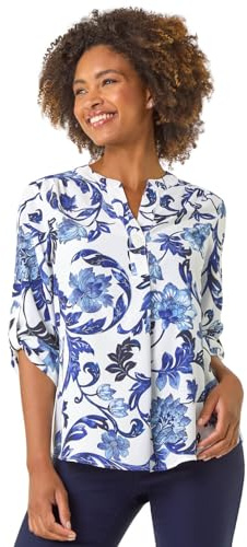 Roman Originals Shirt for Women UK Ladies Longline Top Collarless Blouse Smart Tunic Casual Evening Relaxed Fit 3/4 Length Sleeve Notch V Neck Long - Blue Floral - Size 18