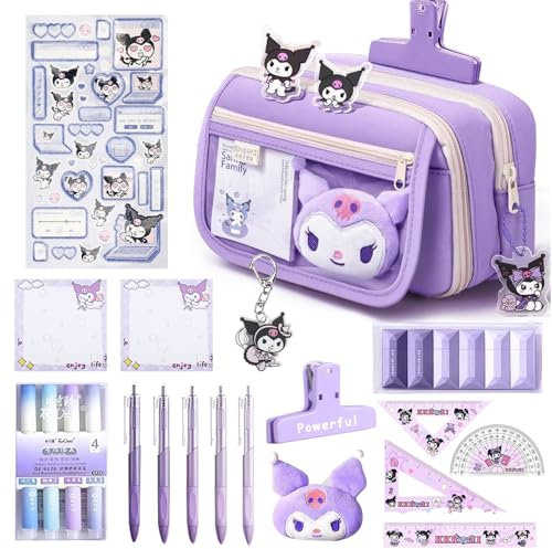 OPPZZIT Set Penne Gel Kawaii, 26 Pezzi Articoli di Cancelleria Aesthetic con 1 Astuccio Viola, 5 Penne Gel, 4 Evidenziatore, 6 Nastri Correttori, Forniture Scolastiche & Regalini Compleanno Bambini