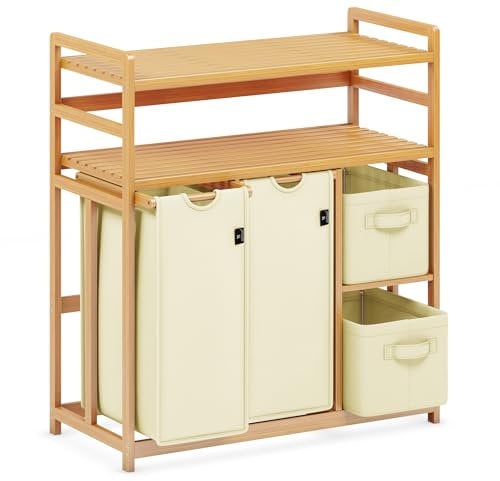 ADEL DREAM Wäschekorb 4 Fächer 2 Regale Wäschesammler 140L Wäscheboxen Mit Korb Wäschesortierer mit 2 Wäschesäcken & 2 Stoffboxen Wäschesack Bambus Wäscheregal Wäschebox Laundry basket Beige