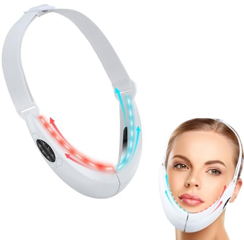 Reductor de Papada Masajeador Facial Electrico,Fototerapia Roja y Azul EMS Masajeador Facial Compresas calientes,45℃ Antiarrugas Belleza Dispositivo Reductor De Papada Lifting para Líneas del Cuello