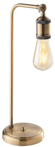 National Lighting Hal Table Lamp – Antique Brass Plate Finish Desk Lighting, 453mm Industrial Style Desk Light – E27, Non-Dimmable Vintage Lamp with Toggle Switch for Bedroom, Living Room & Office