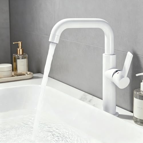 ONECE Grifo de Lavabo Alto Blanco, Mezclador Baño para Encimera | Giratorio a 360°, Grifería Monomando de Acero Inoxidable 304, Aireador Extraíble, Agua Fría y Caliente