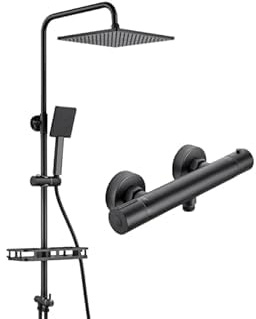 Auralum Colonna Doccia con Miscelatore Termostatico e Mensola Doccia, Colonna Doccia Acciaio Inox Altezza Regolabile 72-110cm, Saliscendi Doccia con Soffione Doccia Quadrato 25cm, Nero