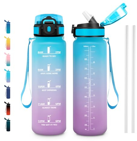 JAPORIA Botella 1L, Cantimplora Deportiva con Marca de Tiempo, Botella Agua con Pajita para Oficina, Bicicleta, Yoga, Running, Gym, Escuela, Viaje