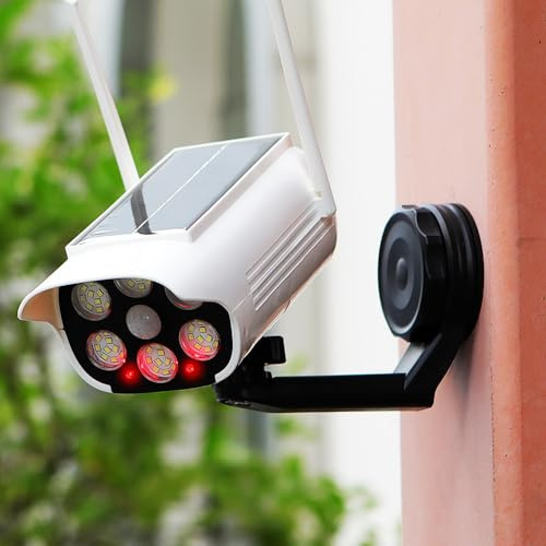 Mixtooltoys Lampes solaires à mouvement étanche, fausse caméra rouge factice IP65, projecteur de sécurité à énergie solaire pour extérieur, porche, cour, chemin, terrasse, clôture, mur