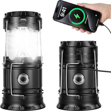ABOHU LED Campinglampe Solar, Aufladbar Camping Laterne, Faltbare Wasserdicht Camping Licht mit Haken, USB und Solar Laden Notfallleuchte für Wandern, Angeln, SOS, Ausfälle