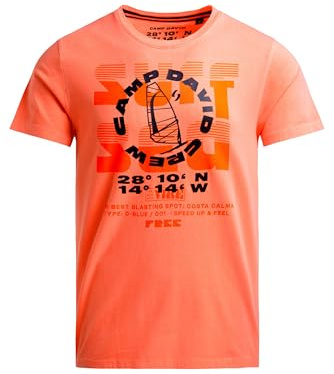 Camp David Herren T-Shirt Rundhals mit Artwork Neon Flame, 100% Baumwolle, Regular Fit, Kurzarm, Windsurfing-Print