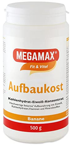 MEGAMAX Aufbaukost Banane 500g- Ideal zur Kräftigung und bei Untergewicht. Proteinpulver zur Zubereitung eines fettarmen Kohlenhydrat-Eiweiß-Getränkes für Muskelmasse - Muskelaufbau u. Gewichtszunahme