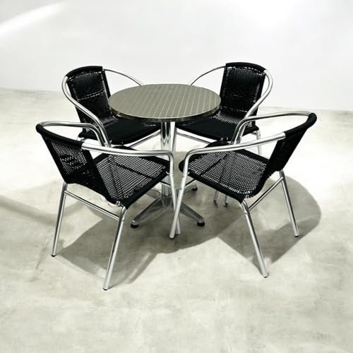 BE Furniture Black Rattan Aluminium Bistro Set, Garden Set - 4 x Rattan & Aluminium Chairs & 1 Aluminium Table