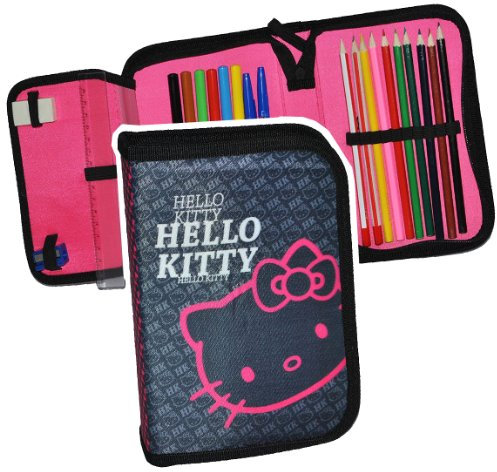 alles-meine.de GmbH 23 TLG. gefüllte Federmappe Hello Kitty - für Kinder Mädchen/Schiefermappe - Katzen schwarz Schüleretui Schlampermappe Schule Vorschule