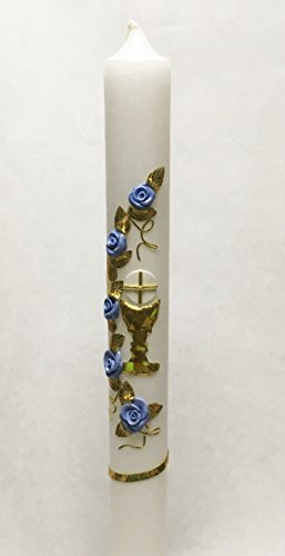 Taufkerze Kommunionkerze K-7 Gold/Blau inkl. Tropfschutz und Beschriftung KW-JO-K07