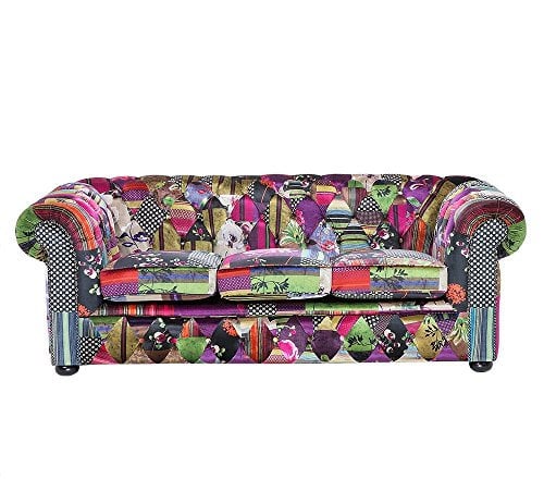 Sofa im englischen Stil Polsterbezug Patchwork bunt rosa Chesterfield