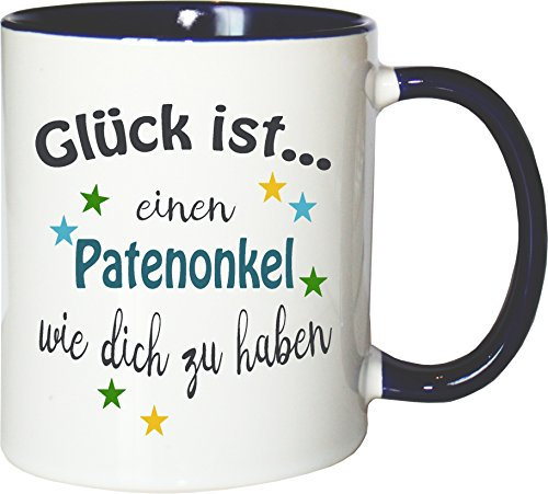 WarmherzIch Becher Tasse Glück ist… Patenonkel Kaffee Kaffeetasse liebevoll Bedruckt Freund Bruder Bro Geburt Weiß-Blau