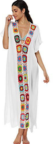 Vestido de Playa Largo Cuello V Pareo Playero Boho Kaftan Camisola Caftán Túnica para Piscina Ropa de Baño Bikini Cover Up Blanco