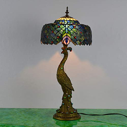 GDLight Tiffany style paon Lampe de table en verre Lampe Vintage Stained bureau avec Peacock base pour la lecture Salon Chambre Café, 12 pouces