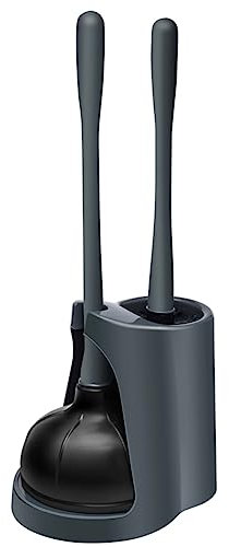 Klickpick Home Plastic Toilet Bowl Brush Cleaner and Plunger Combo Set Kit with Holder Caddy for Bathroom Storage Cleaning and Organization - Covered Lid Brush - Grey