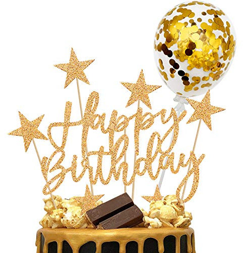 iZoeL Kuchendeko Gold Happy Birthday Sterne Topper Konfetti Luftballon Tortendeko Geburtstagsdeko Mann Frauen