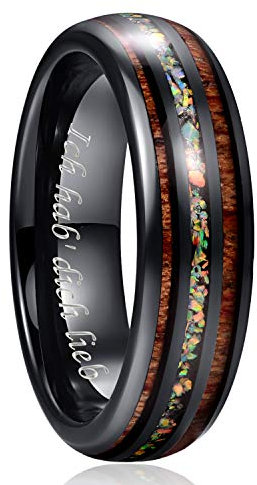 NUNCAD 6mm Feuer Opal Ring für Männer Damen Schwarz Wolframcarbid Unisex Partner Ring mit Koa Holz Graviert mit Ich hab' Dich lieb Größee 61 (19.4)