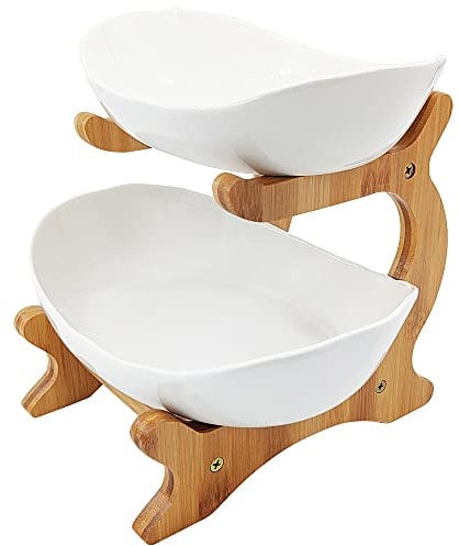 Mangoton Frutero de 2 niveles, cuenco de cerámica para encimera de cocina, cesta de frutas para cocina, Fruteros para Cocina, blanco medio