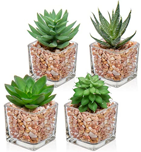 Hollyone 4 Pcs Small Artificial Plants in Pots, 5x10cm Fake Succulent Potted, Faux Cute Decor for Home, Office, Table, Desk, Bedroom, Bathroom