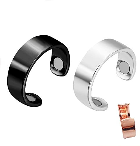 2pcs Lymphatic Drainage Therapeutic Magnetic Ring, Adjustable Blood Glucose Control Ring Blood Sugar Control Ring Elegant Titanium Magnetic Therapy Ring Copper Magnetic Ring (Black+Silver)