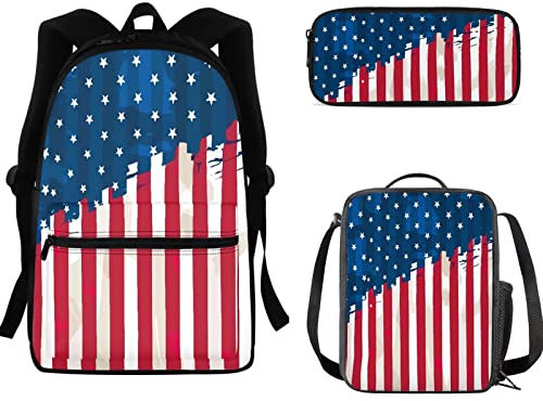 Renewold 3 Pack Backpack Set, School Bags Book Bag with Drinks Bottle Umbrella Pocket Durable, Backpacks with Cross-Body Lunch Bag Kit Pen Bags Set, American Flag