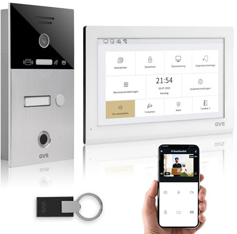 GVS - IP Video Türsprechanlage mit Türöffner, Fingerprint & RFID, HD Kamera, 1x 10 Zoll Monitor & App - Smarte Video Türklingel mit Kamera & Gegensprechanlage für 1 Familienhaus (AVS5428U)