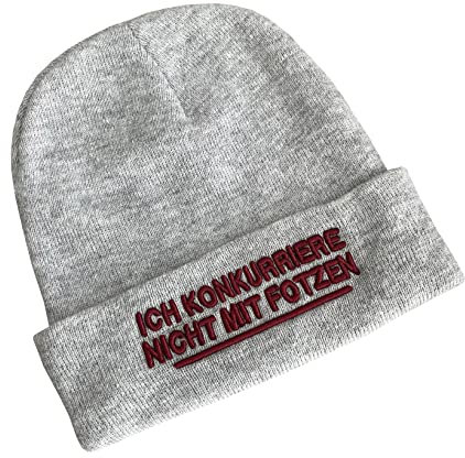 Outfitfabrik Beanie Ichkonkurriere Nicht mit Fotzen in grau-Melange mit 3D-Stick in Bordeaux-rot (Strickmütze, warme Wintermütze, Statement) für Männer und Frauen, dehnbar