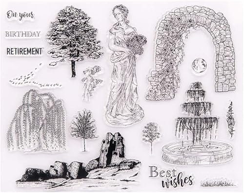 Aeromdale Transparente Silikonstempel Siegelaufkleber Griechische Göttin Brunnen Baum Schablone Prägeschablone Werkzeuge für Sammelalbum DIY Dekoration