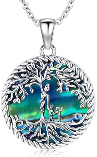 Geschenke für Mama, Mama Halskette 925 Sterling Silber Mutter und Kind Anhänger Halskette, Baum des Lebens Kette für Damen mit Abalone Muschel Muttertag Schmuck Geschenke (D-Abalone Muschel 2 Kinder)